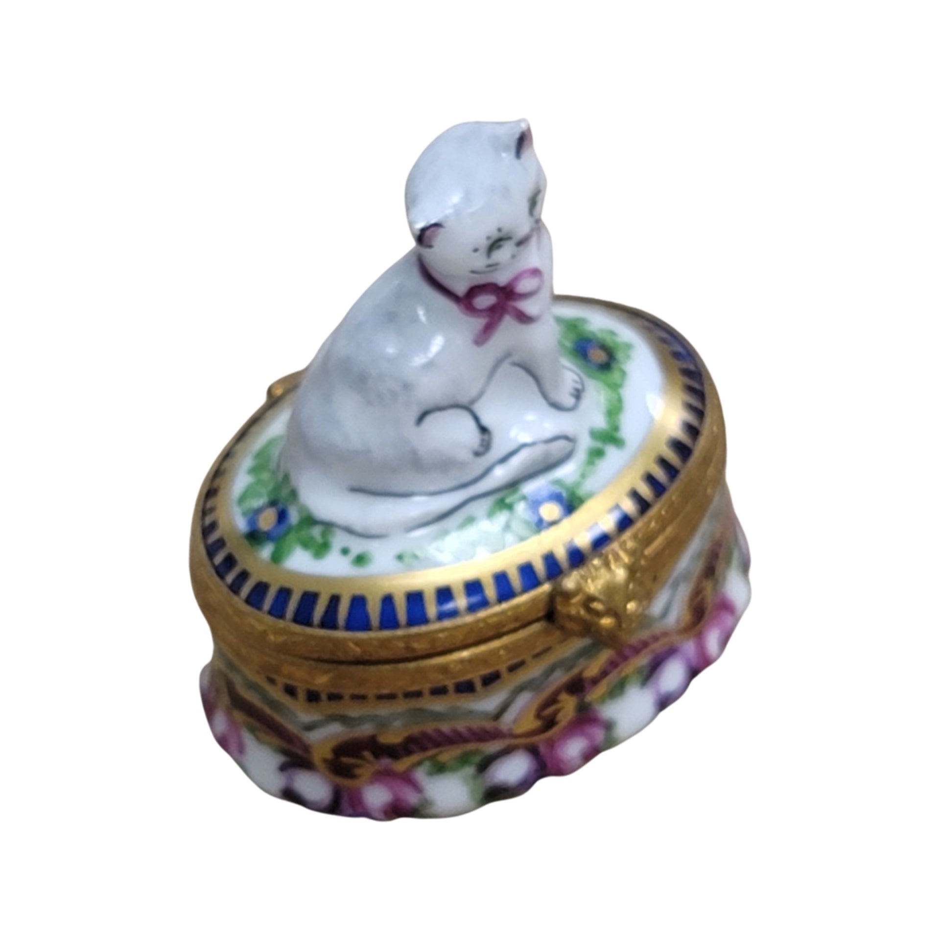 Cat Figurine on Floral Base Porcelain Limoges Cat French Trinket Box