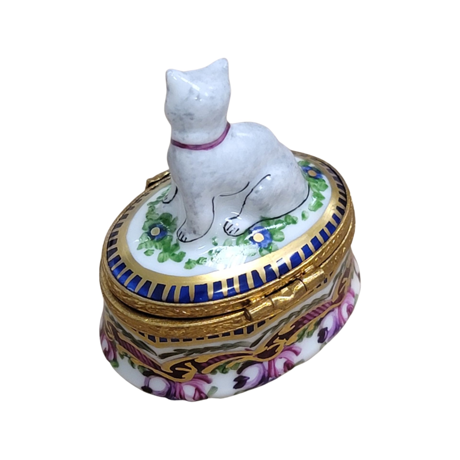 Cat Figurine on Floral Base Porcelain Limoges Cat French Trinket Box