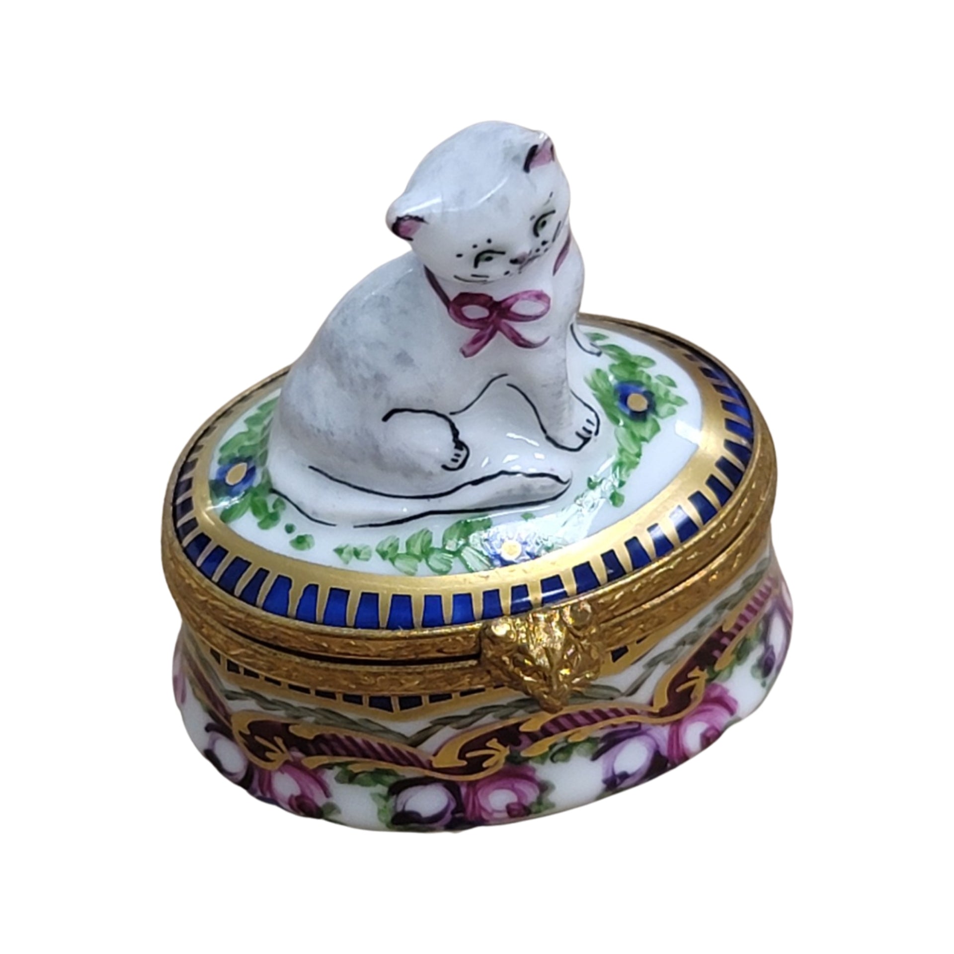 Cat Figurine on Floral Base Porcelain Limoges Cat French Trinket Box