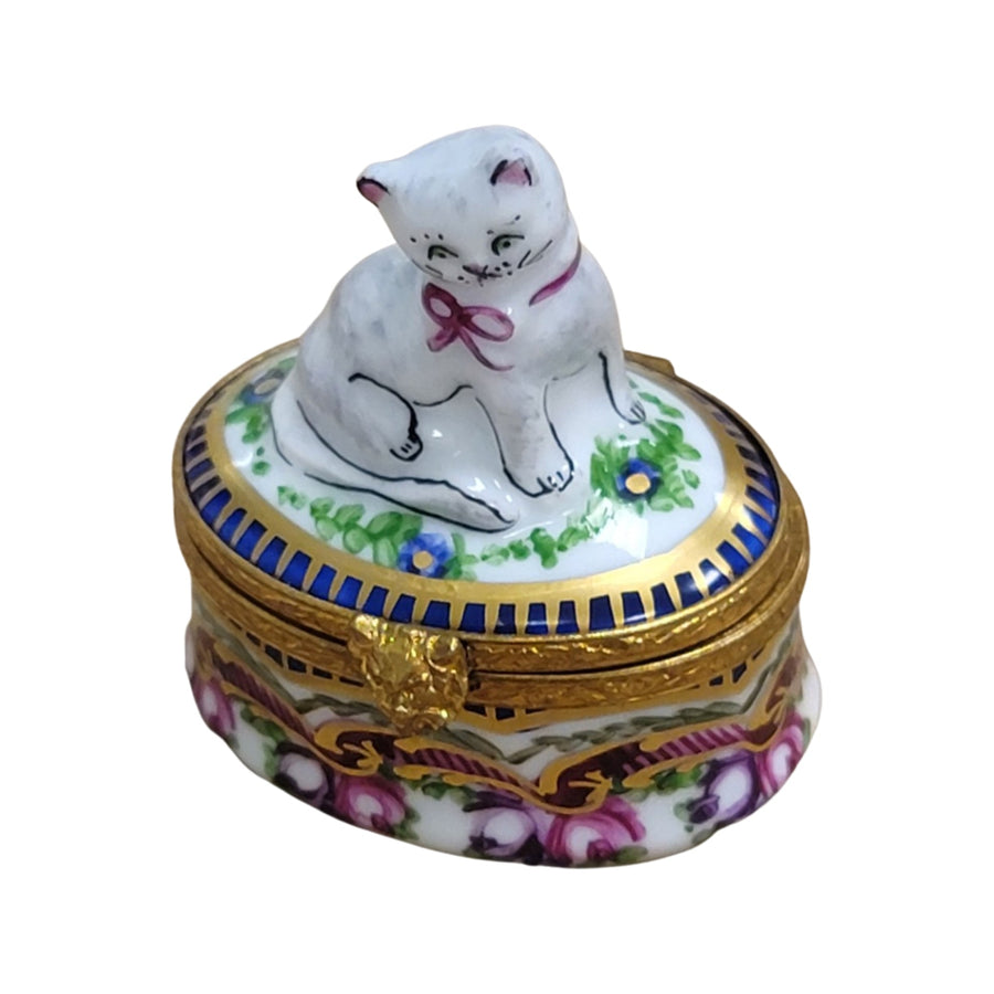 Cat Figurine on Floral Base Porcelain Limoges Cat French Trinket Box