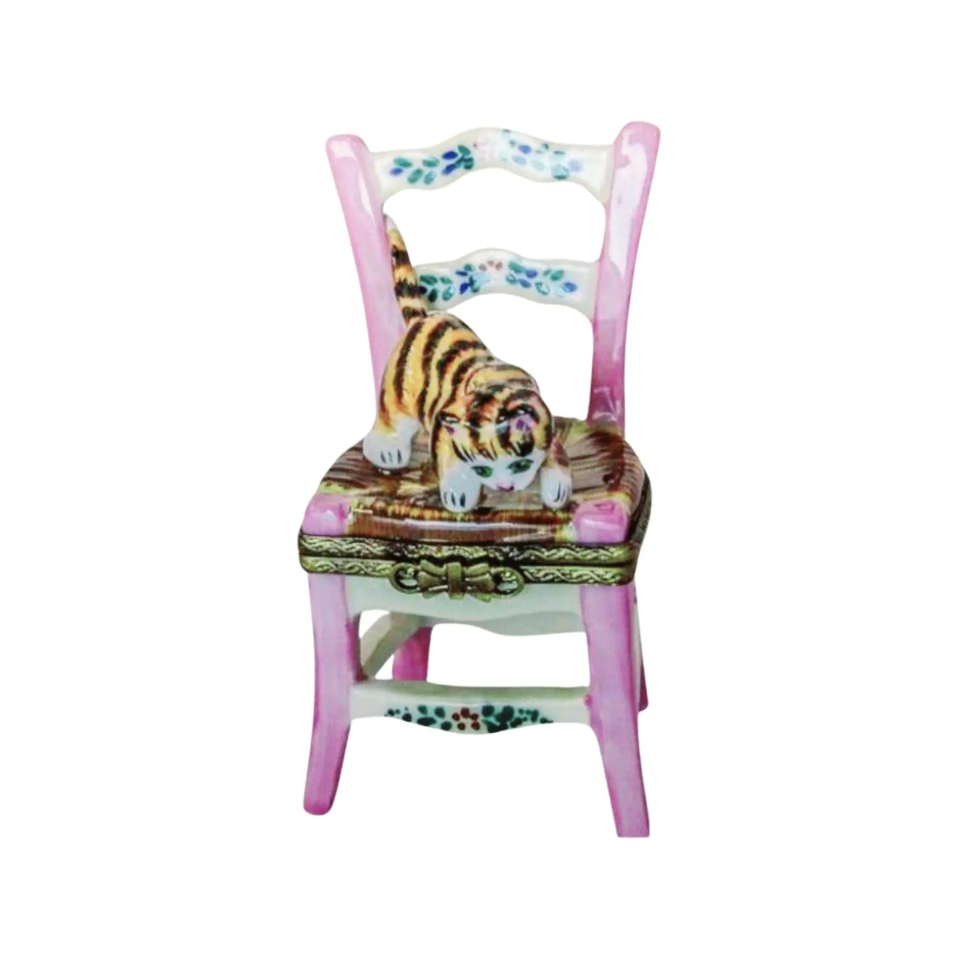 Cat playing on Chair Porcelain Limoges cat furniture French Trinket Box