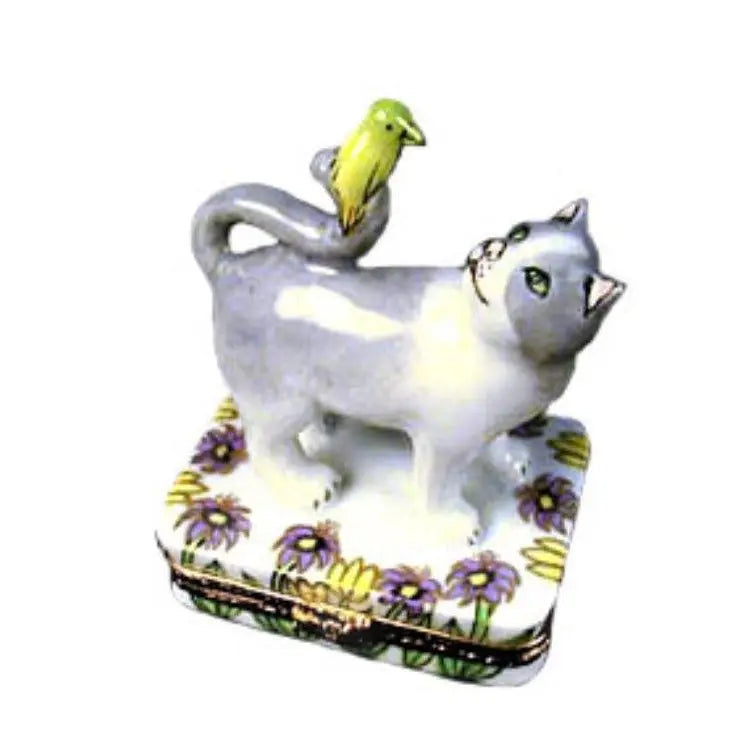 Cat w Canary Porcelain Limoges cat French Trinket Box