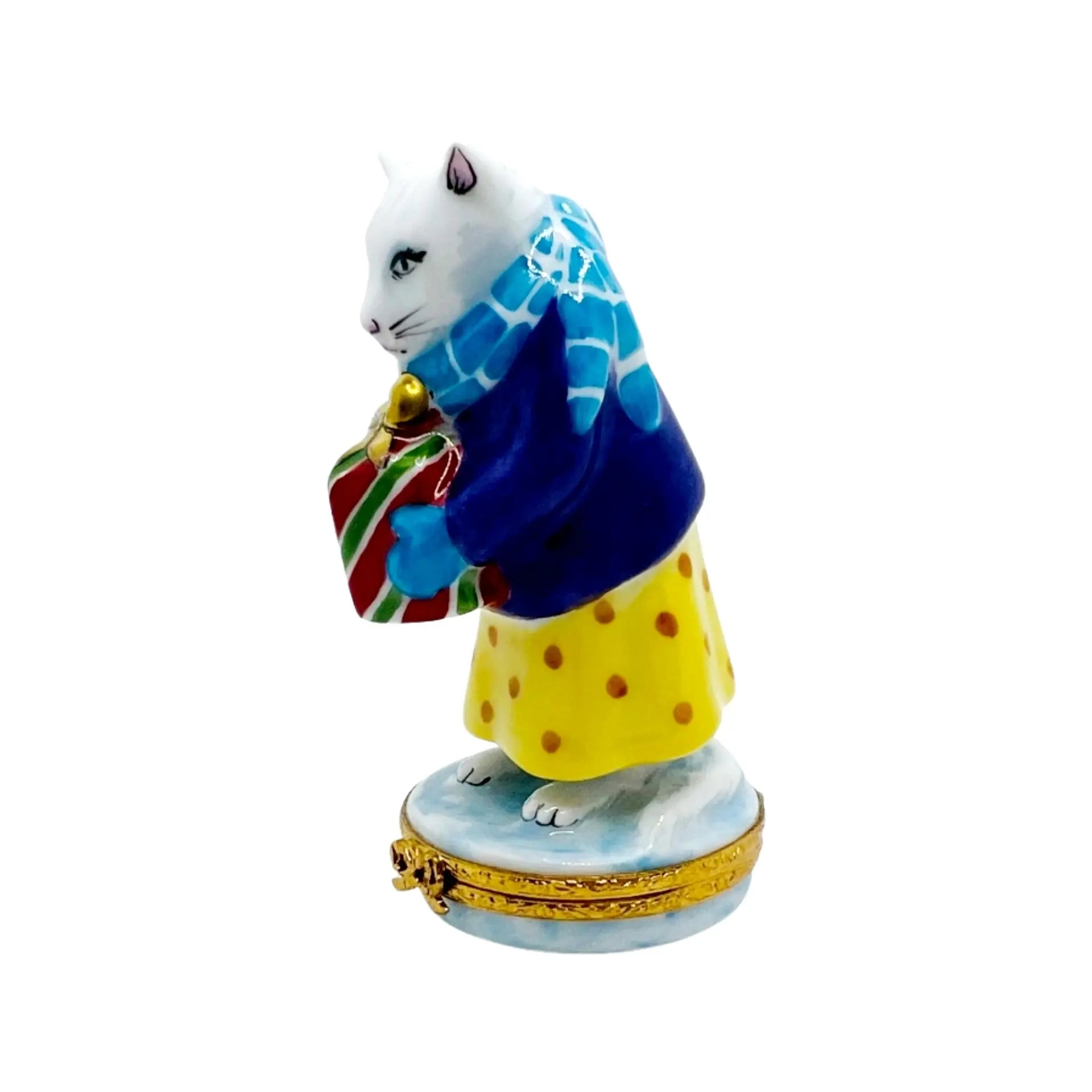 Cat with Christmas Present Porcelain Limoges cat xmas French Trinket Box