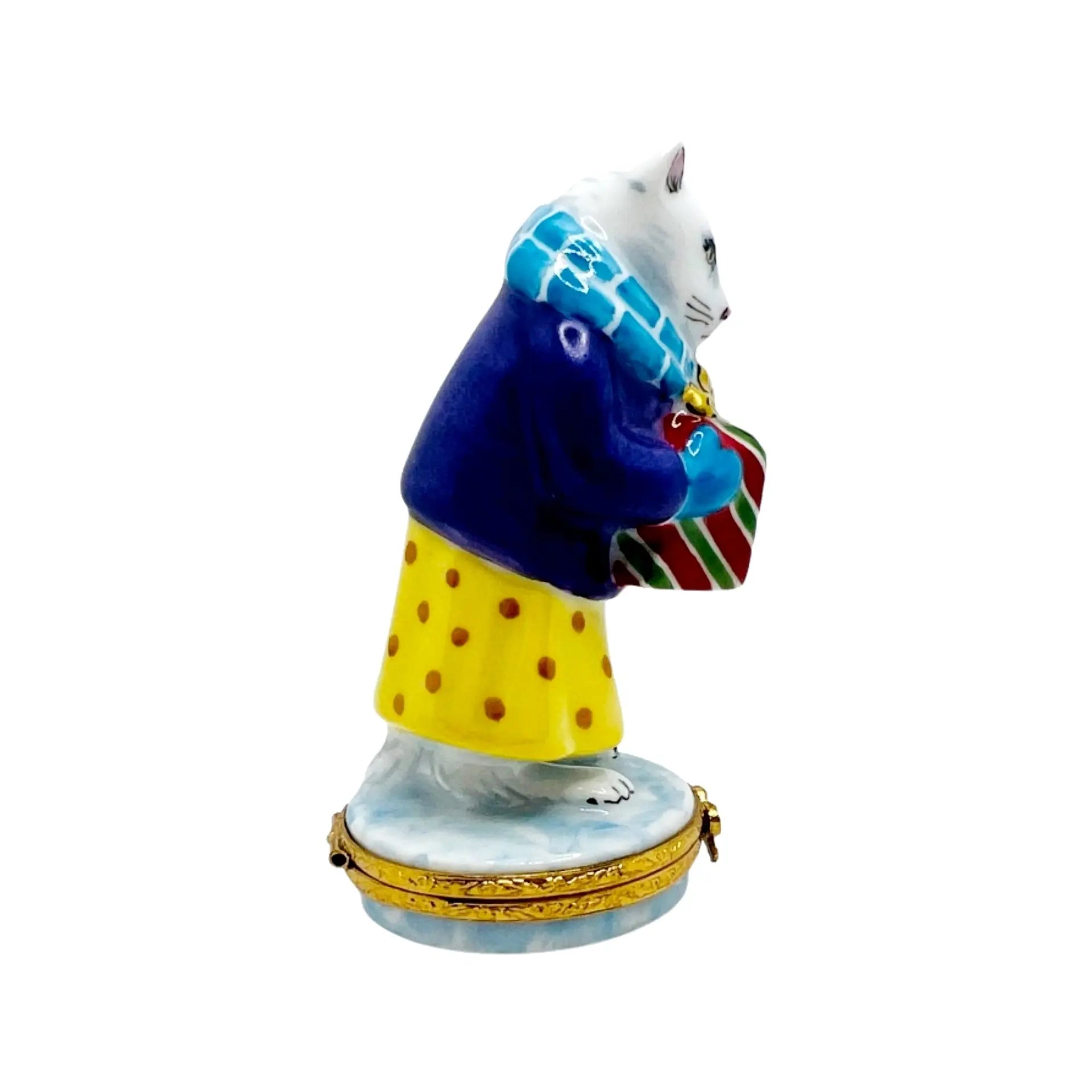 Cat with Christmas Present Porcelain Limoges cat xmas French Trinket Box