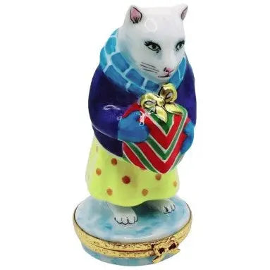 Cat with Christmas Present Porcelain Limoges cat xmas French Trinket Box