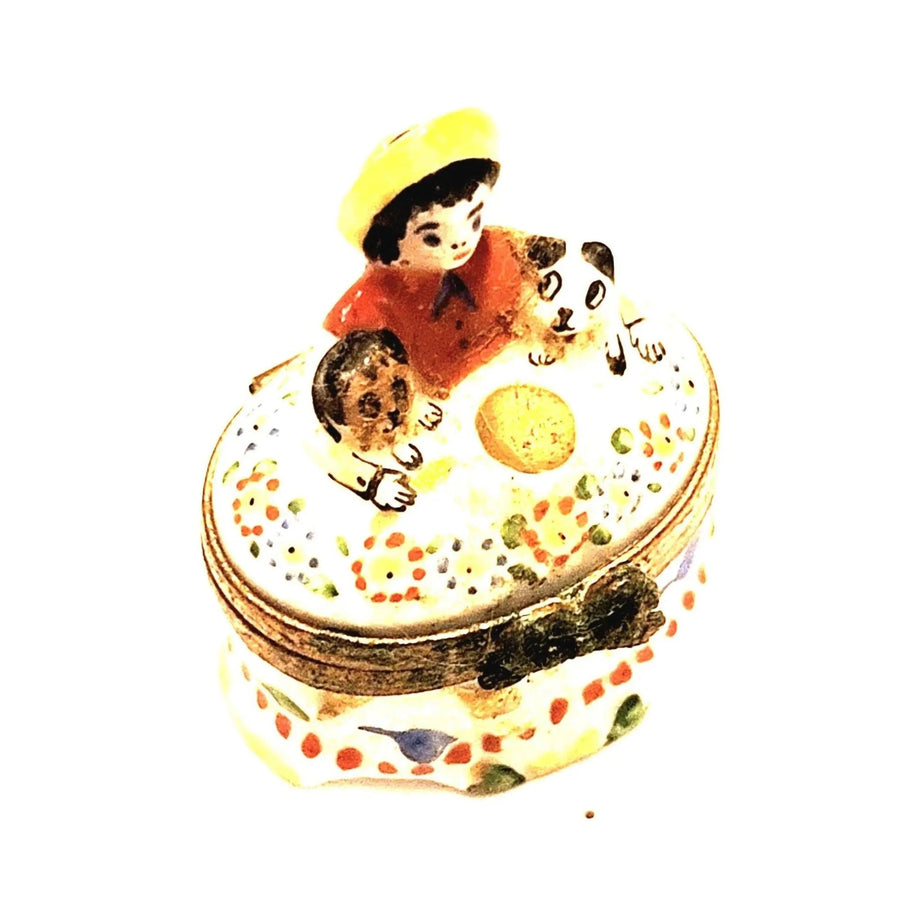 Charming Boy and Puppy Box Porcelain Limoges paris france dog French Trinket Box