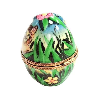 Charming Cat and Butterfly Egg Porcelain Limoges Egg Butterfly Cat French Trinket Box