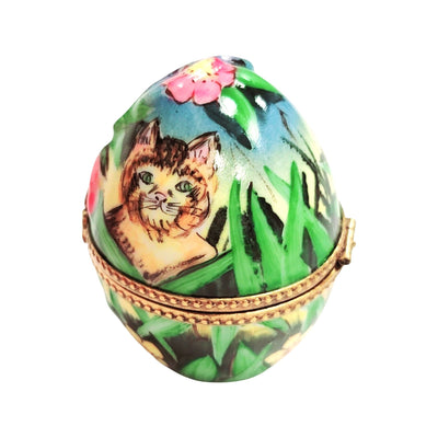 Charming Cat and Butterfly Egg Porcelain Limoges Egg Butterfly Cat French Trinket Box