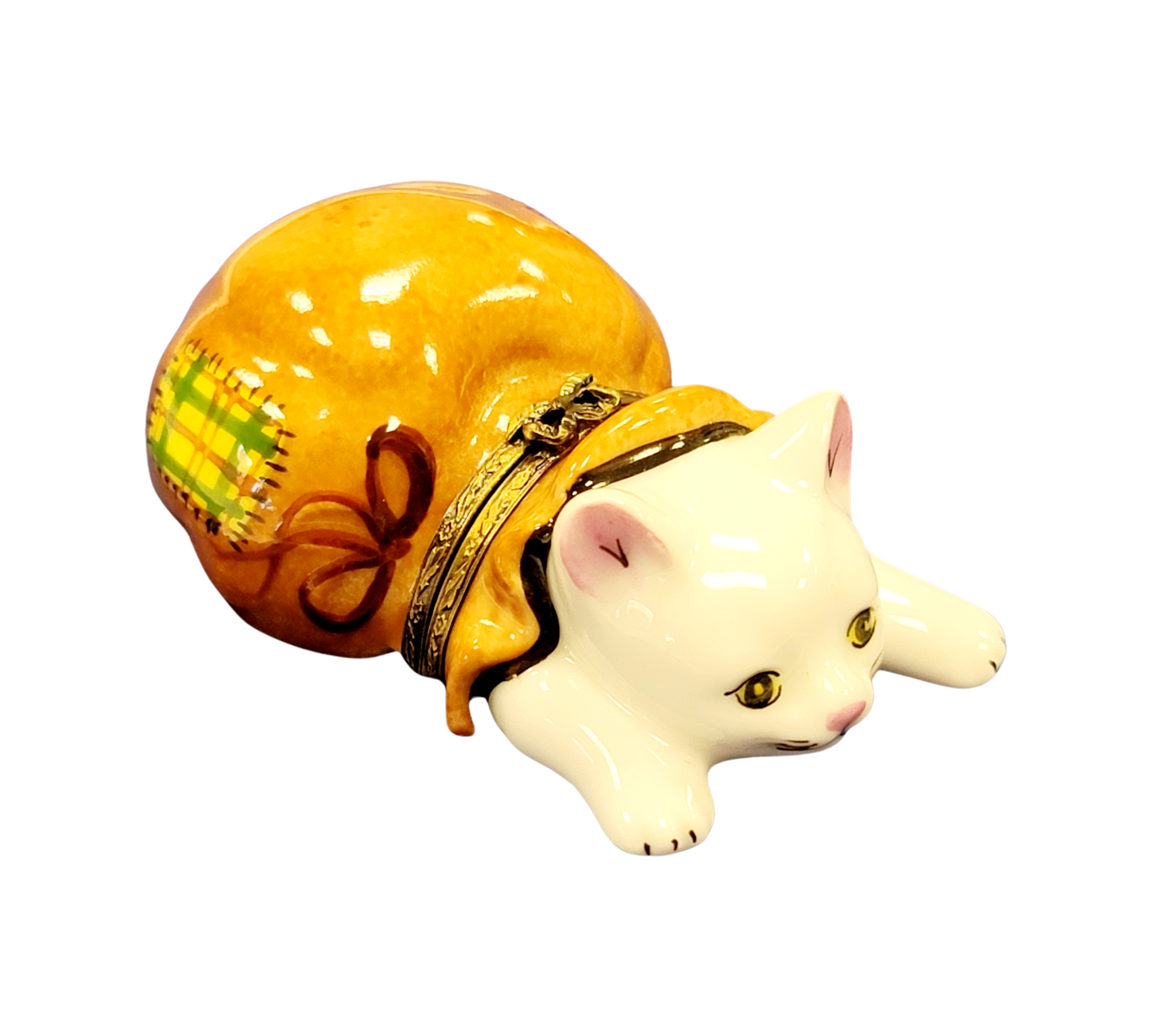 Charming Cat in Bag Figurine Porcelain Limoges Cat French Trinket Box