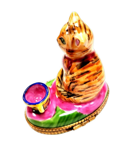 Charming Cat in Pink Cup Porcelain Limoges Cat china French Trinket Box