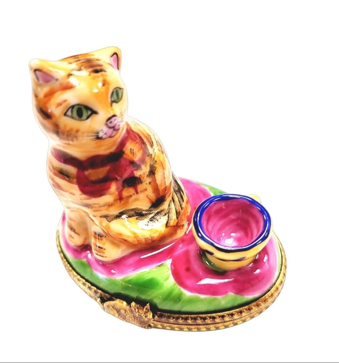 Charming Cat in Pink Cup Porcelain Limoges Cat china French Trinket Box