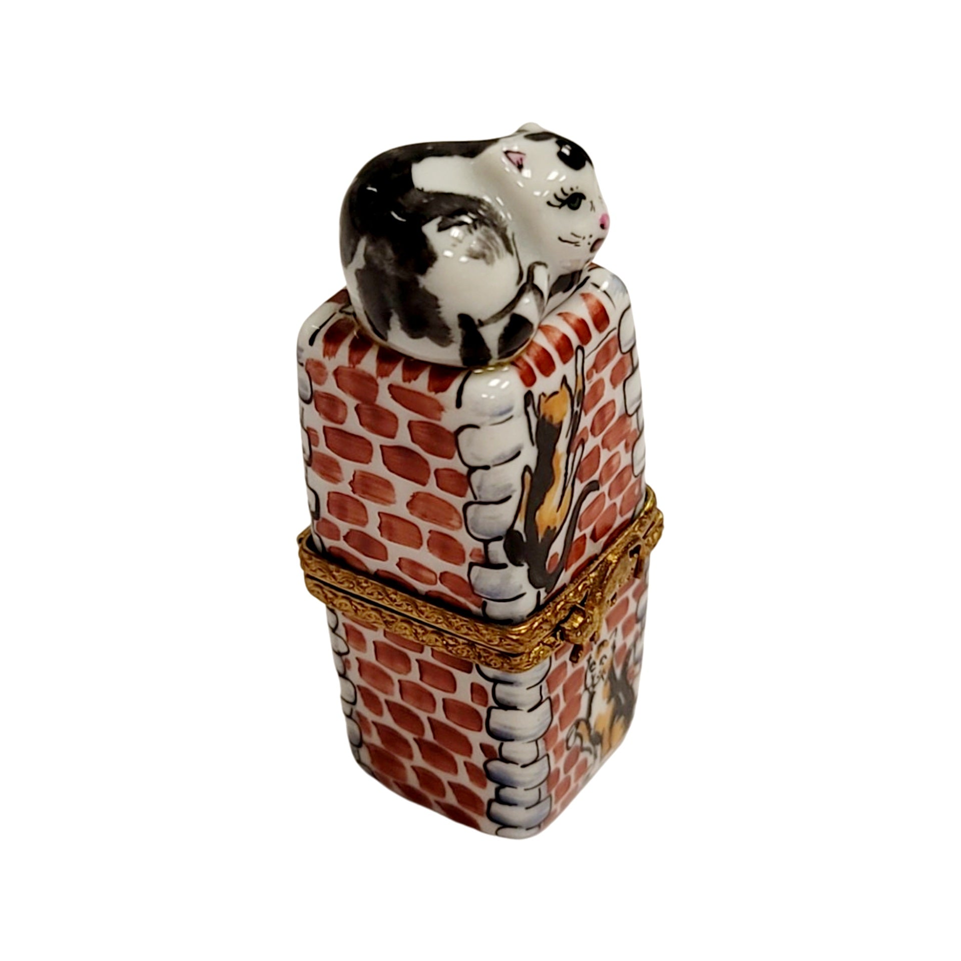 Charming Cat on Chimney Figurine Porcelain Limoges Cat French Trinket Box
