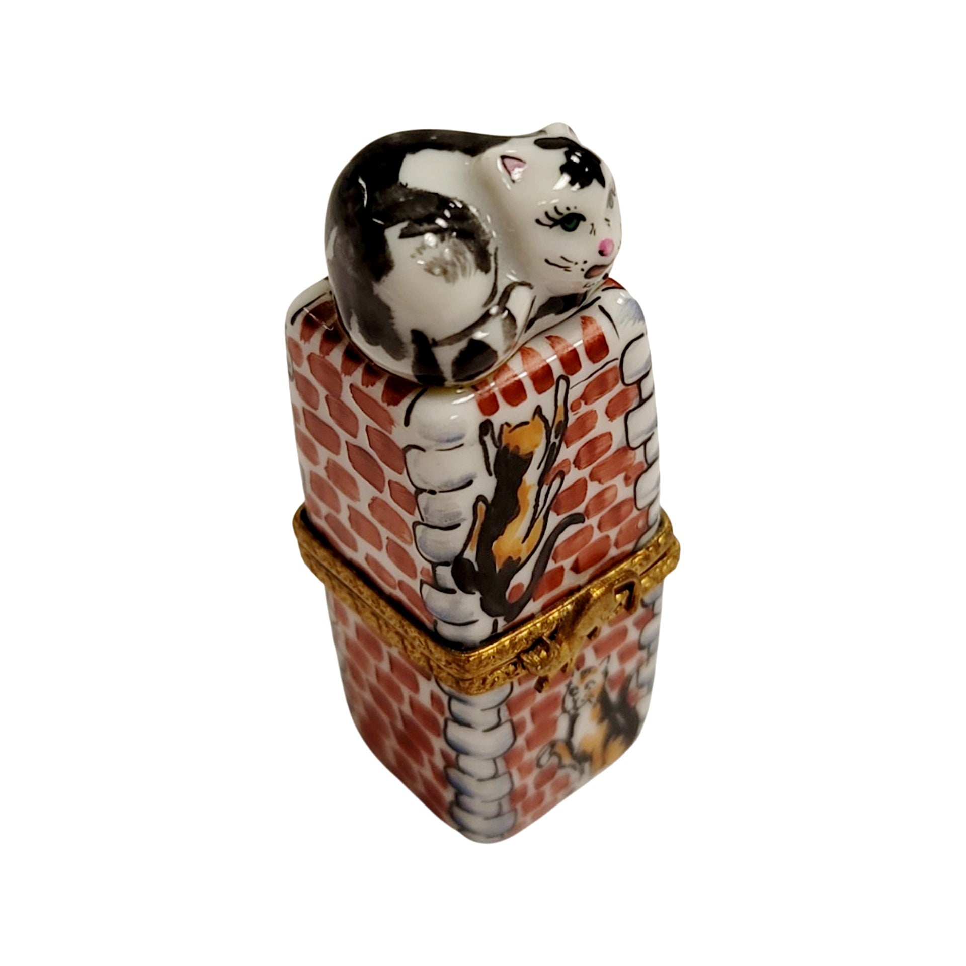 Charming Cat on Chimney Figurine Porcelain Limoges Cat French Trinket Box