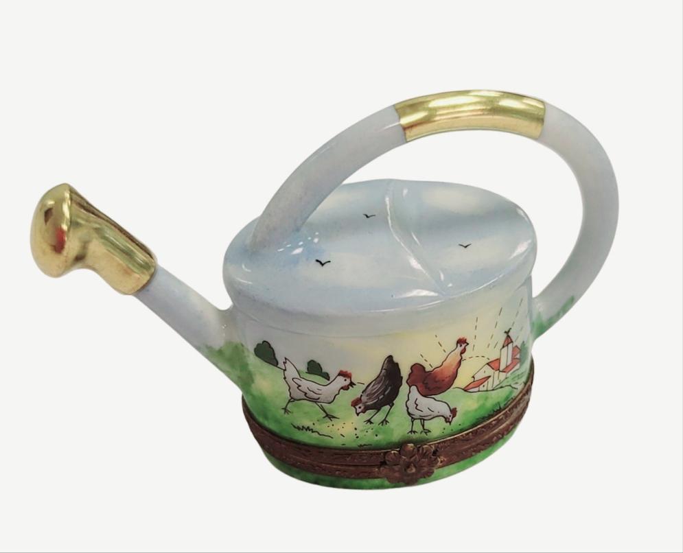 Charming Chicken Watering Can Porcelain Limoges Limoges Box garden flowers frog French Trinket Box