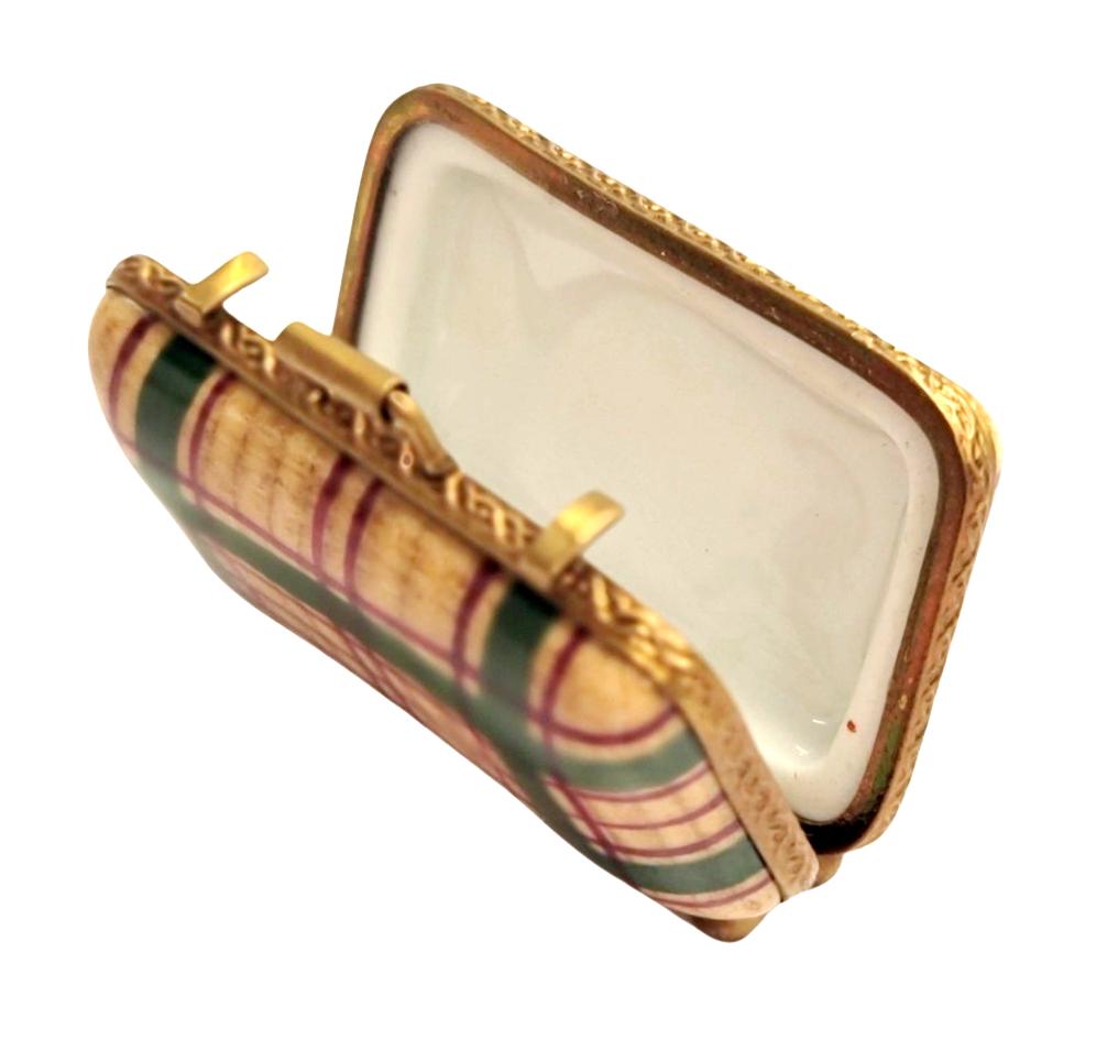 Charming Plaid Limoges Suitcase Porcelain Limoges travel French Trinket Box