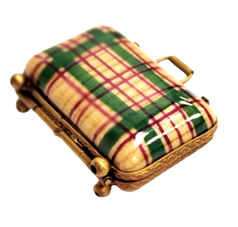 Charming Plaid Limoges Suitcase Porcelain Limoges travel French Trinket Box