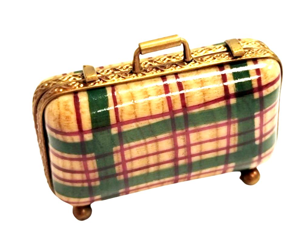 Charming Plaid Limoges Suitcase Porcelain Limoges travel French Trinket Box
