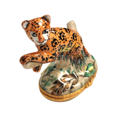 Cheetah on Log Wild Limoges Box Porcelain Figurine-cat wild-CH7N262