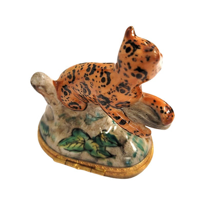Cheetah on Log Wild Limoges Box Porcelain Figurine-cat wild-CH7N262