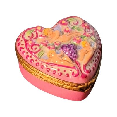 Cherubs on Pink Heart Box Porcelain Limoges Angel French Trinket Box