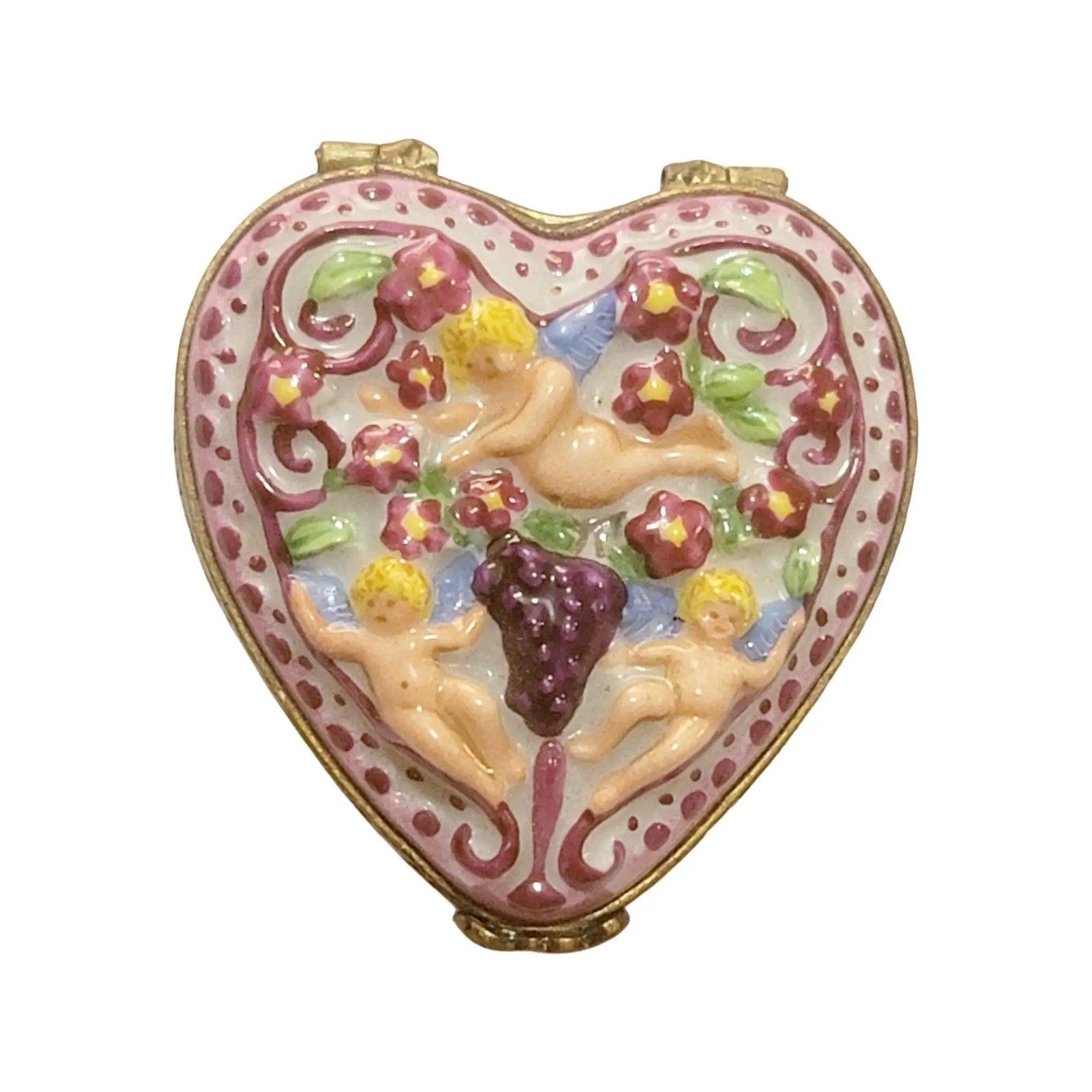 Cherubs on Pink Heart Box Porcelain Limoges Angel French Trinket Box