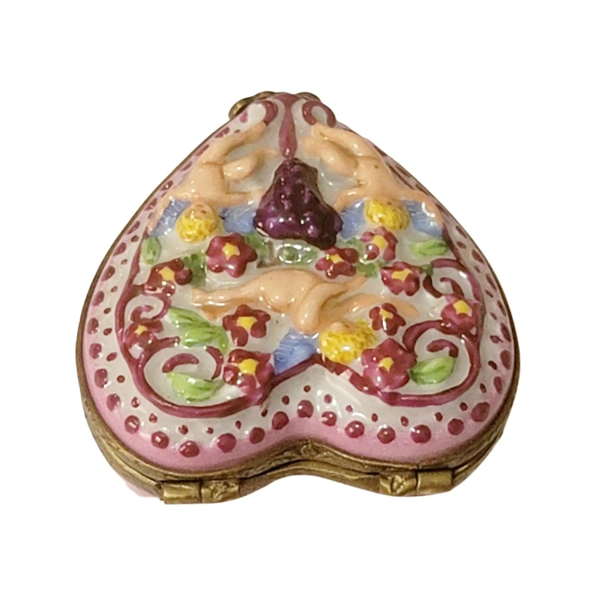 Cherubs on Pink Heart Box Porcelain Limoges Angel French Trinket Box
