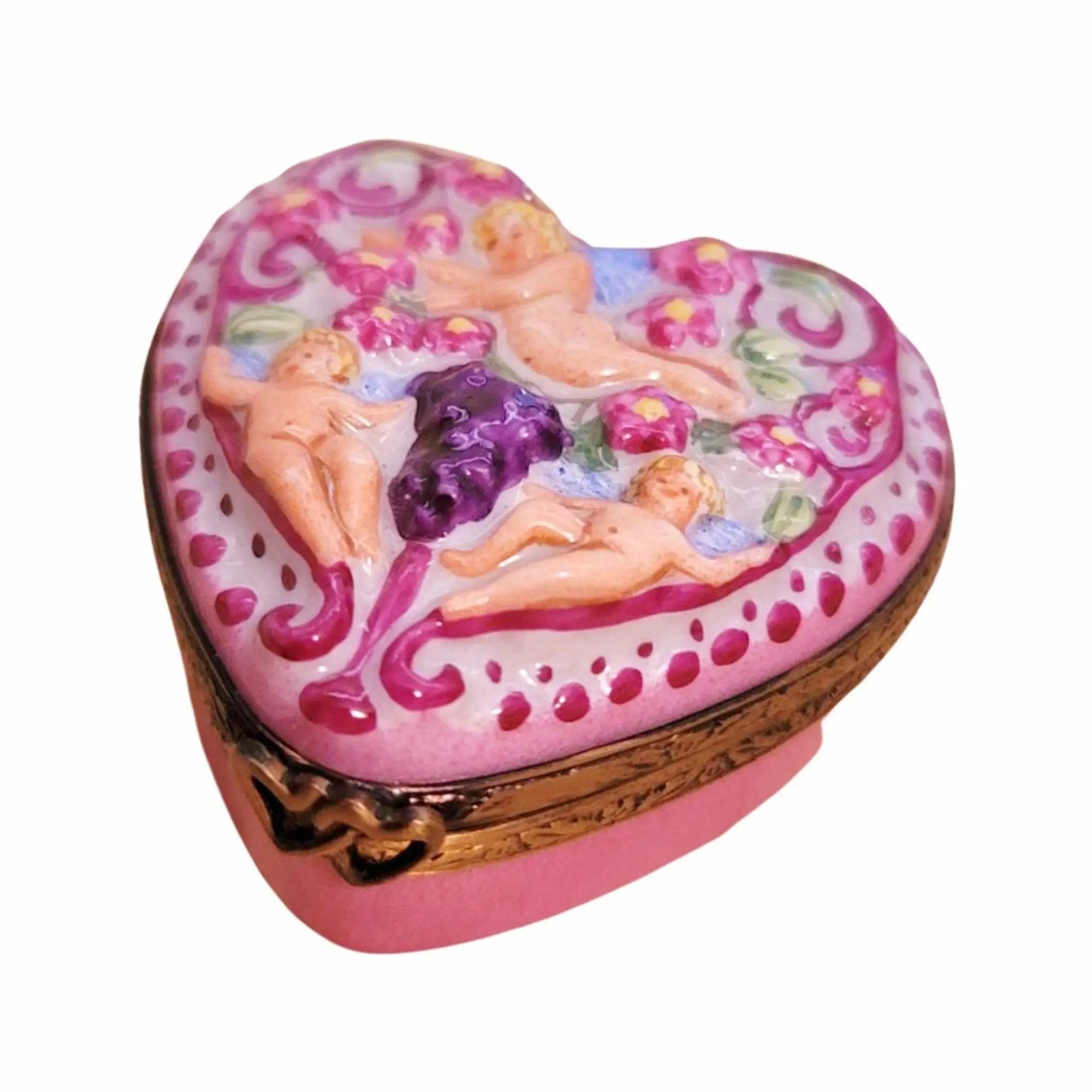 Cherubs on Pink Heart Box Porcelain Limoges Angel French Trinket Box