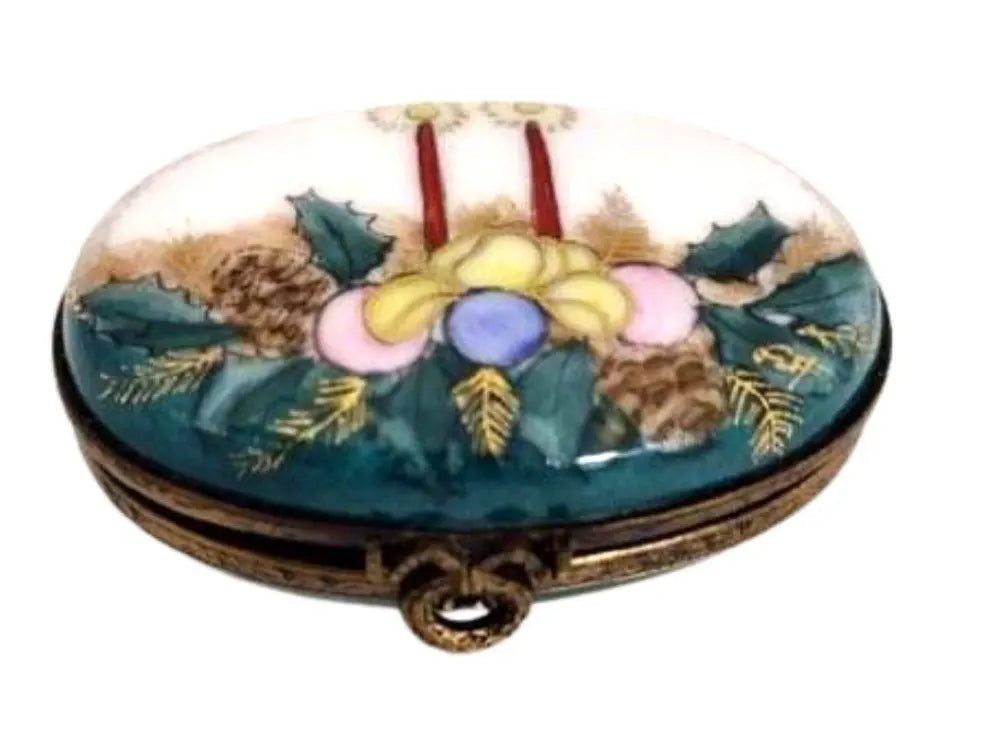 Christmas Candles and Mistletoe Box Porcelain Limoges xmas French Trinket Box