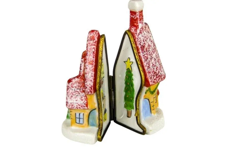 Christmas House in Snow w Christmas Tree Porcelain Limoges xmas theme French Trinket Box