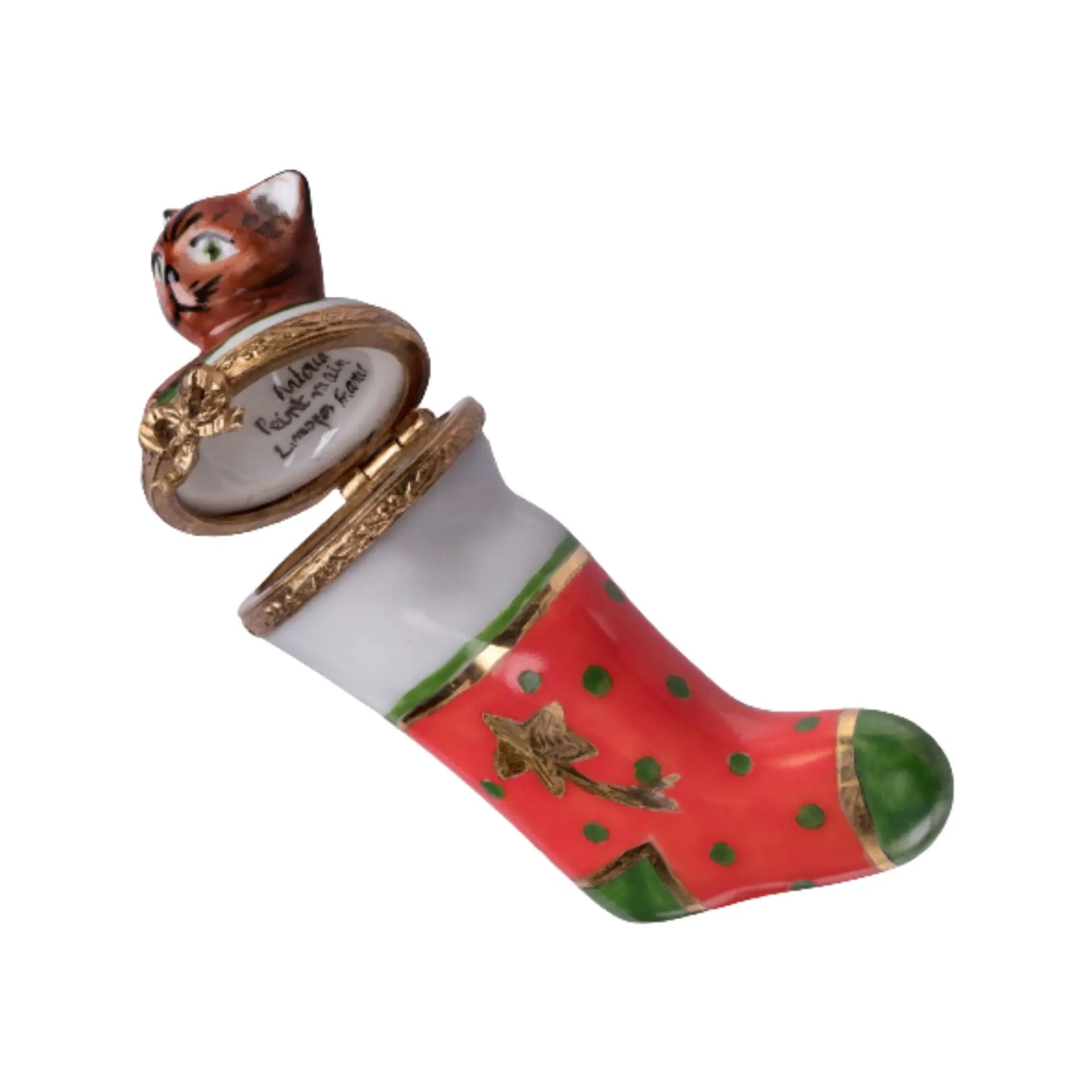 Christmas Stocking w Kitten Porcelain Limoges xmas theme cat French Trinket Box
