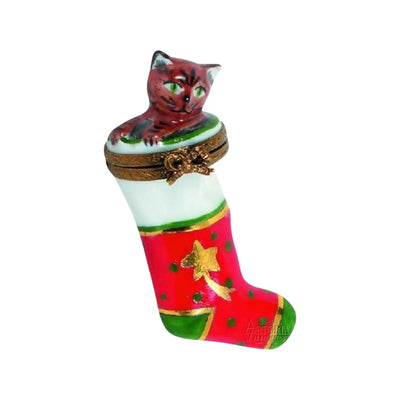 Christmas Stocking w Kitten Porcelain Limoges xmas theme cat French Trinket Box