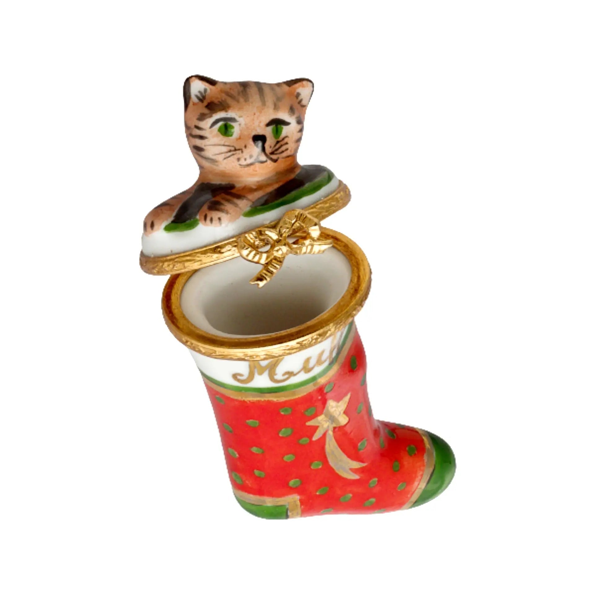 Christmas Stocking w Kitten - Muffin Porcelain Limoges xmas theme cat French Trinket Box
