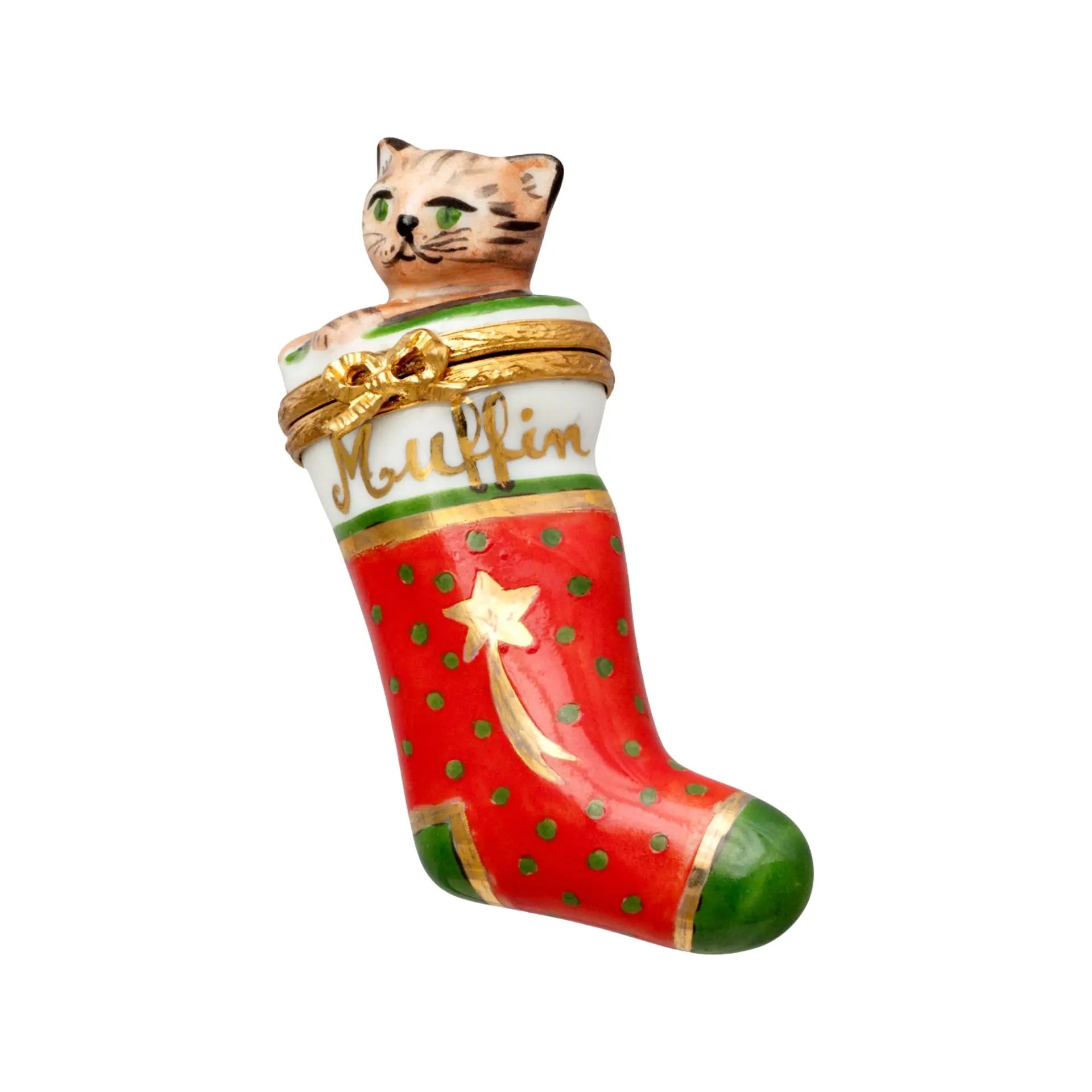 Christmas Stocking w Kitten - Muffin Porcelain Limoges xmas theme cat French Trinket Box