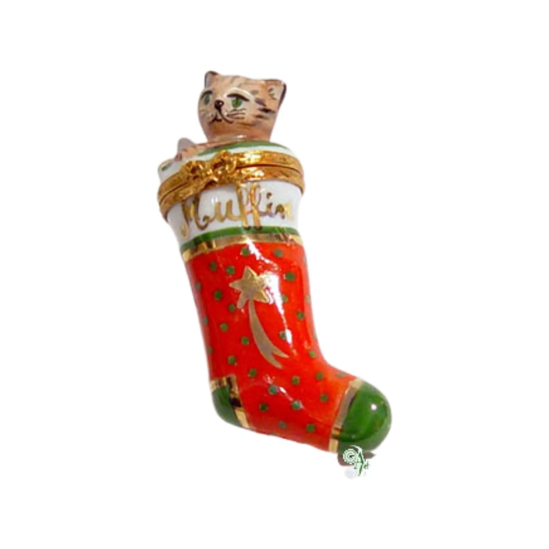 Christmas Stocking w Kitten - Muffin Porcelain Limoges xmas theme cat French Trinket Box