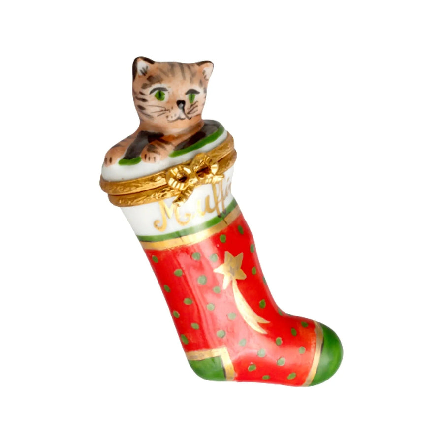 Christmas Stocking w Kitten - Muffin Porcelain Limoges xmas theme cat French Trinket Box