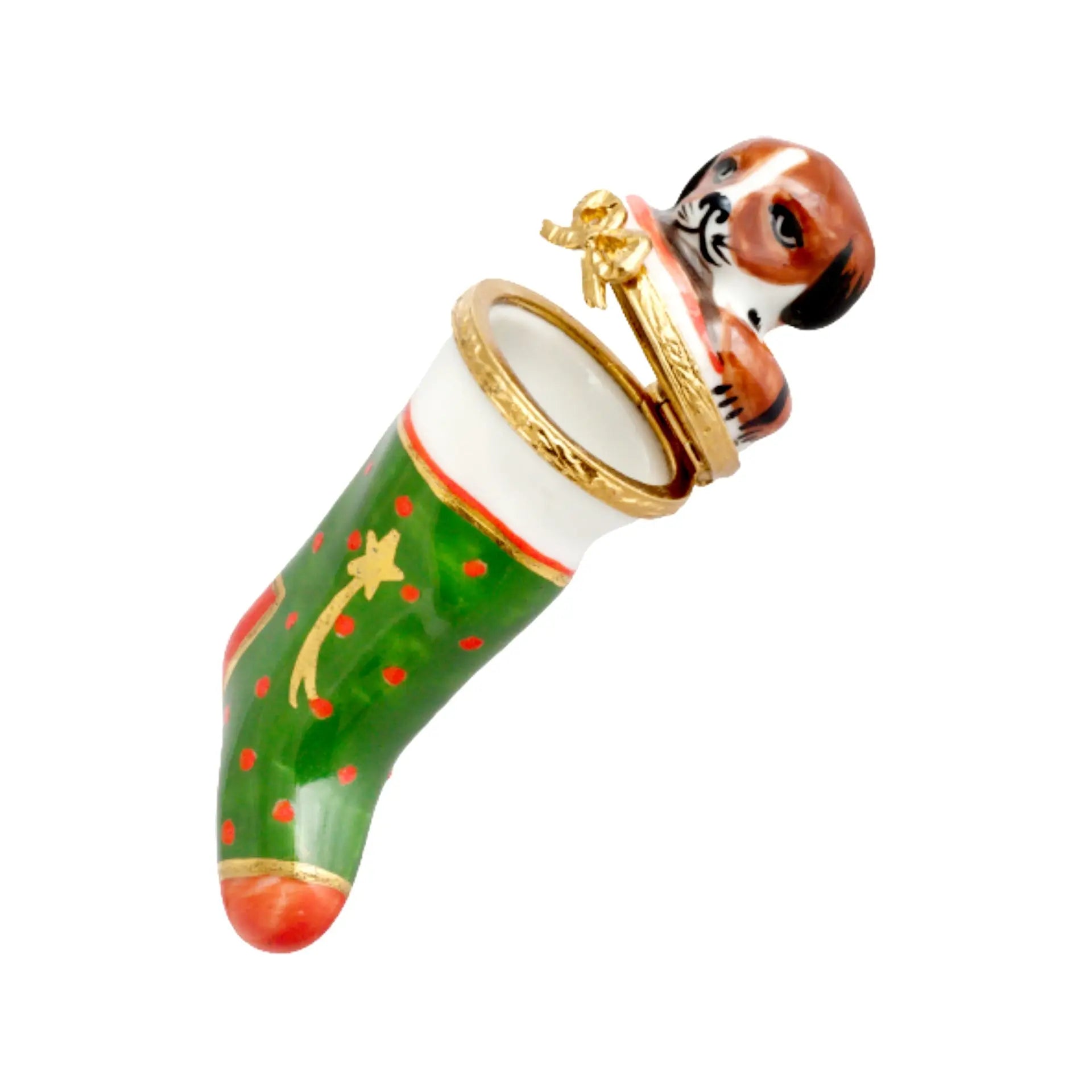 Christmas Stocking w Puppy Porcelain Limoges xmas theme dog French Trinket Box