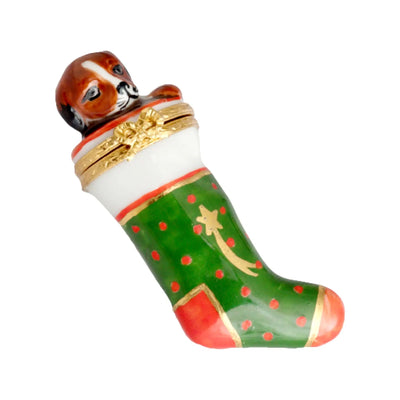 Christmas Stocking w Puppy Porcelain Limoges xmas theme dog French Trinket Box