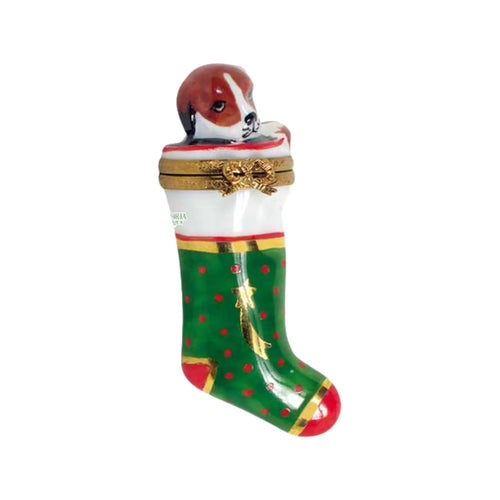 Christmas Stocking w Puppy Porcelain Limoges xmas theme dog French Trinket Box