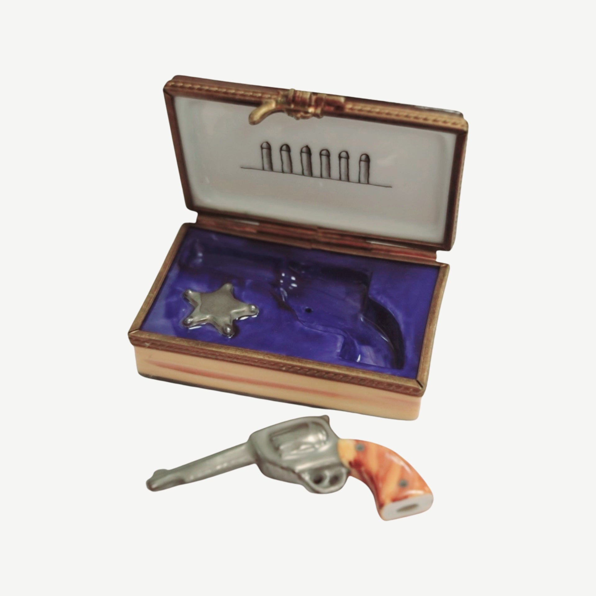 Colt 45 Sheriff Badge Figurine Porcelain Limoges sports men professional French Trinket Box