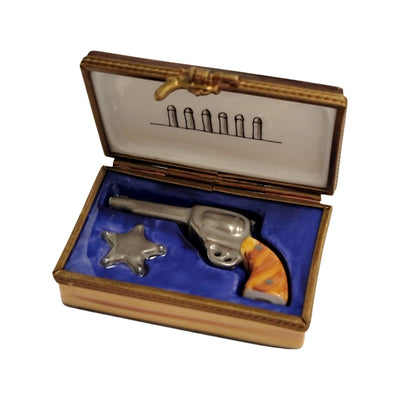Colt 45 Sheriff Badge Figurine Porcelain Limoges sports men professional French Trinket Box