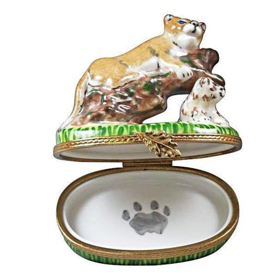 Cougar with Baby Porcelain Limoges wild animals French Trinket Box