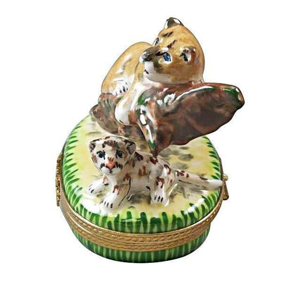 Cougar with Baby Porcelain Limoges wild animals French Trinket Box