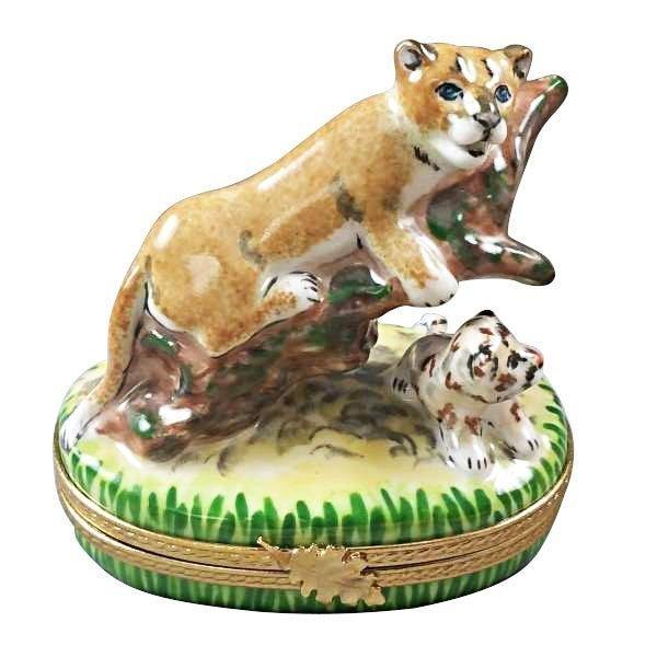 Cougar with Baby Porcelain Limoges wild animals French Trinket Box