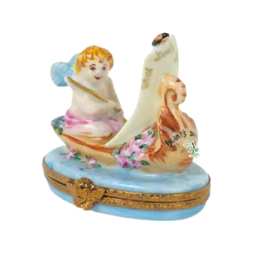 Cupid In Gondola Porcelain Limoges Love Valentine Angel French Trinket Box
