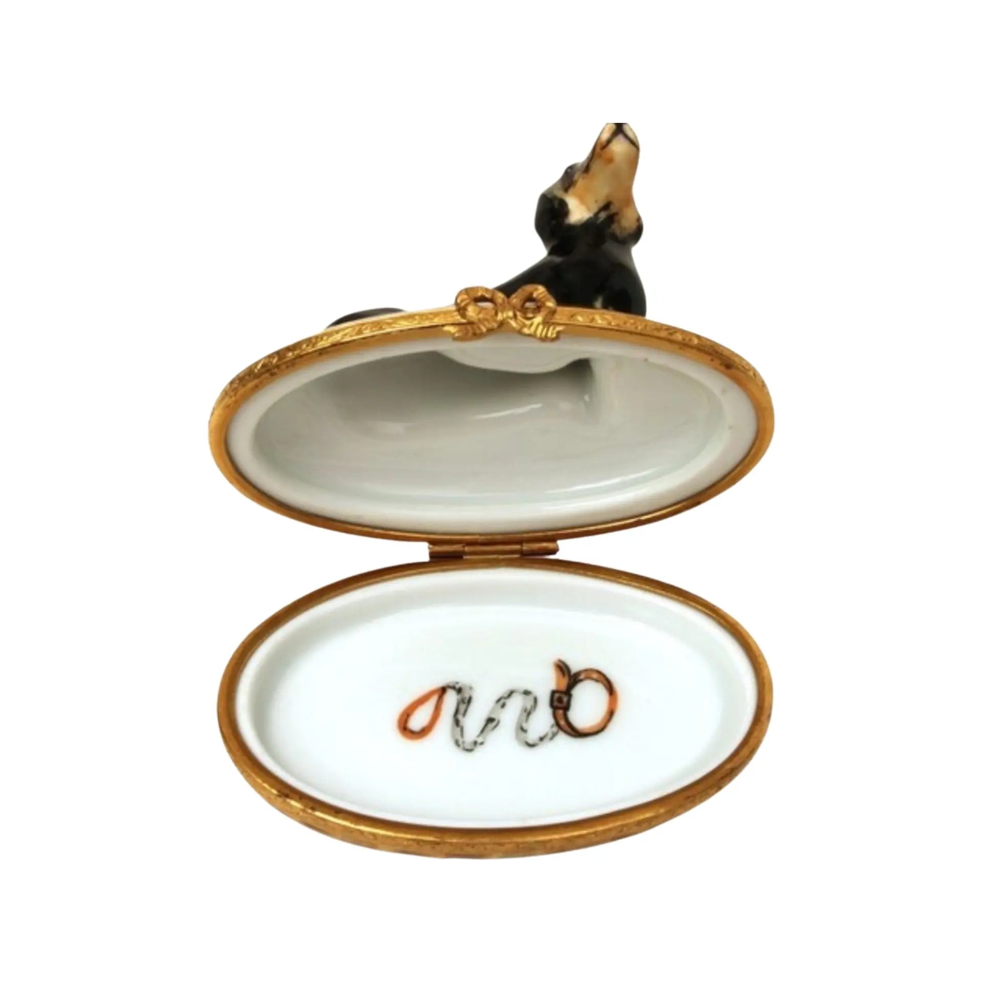 Dachshund In Basket: Black Dog Porcelain Limoges Dog French Trinket Box