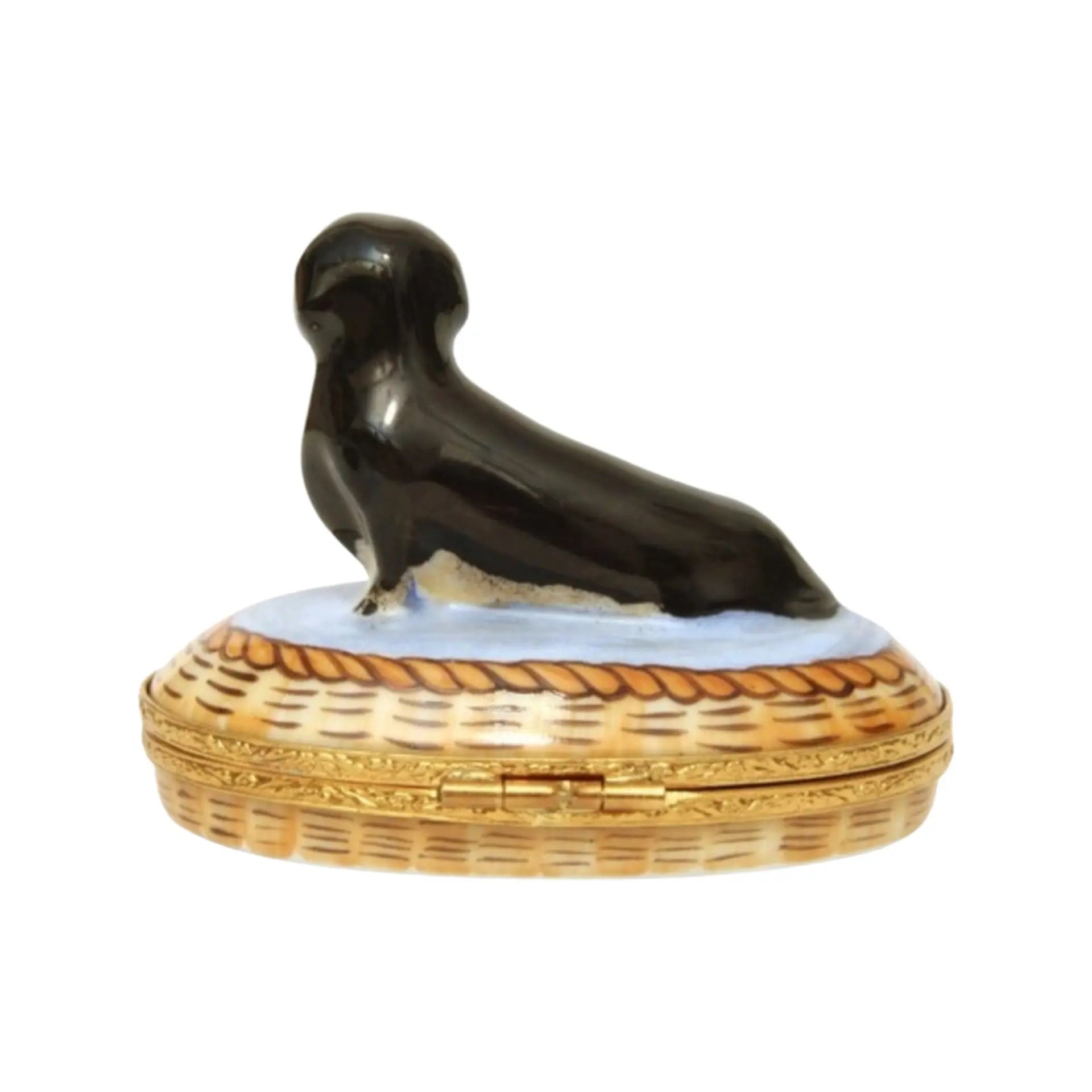 Dachshund In Basket: Black Dog Porcelain Limoges Dog French Trinket Box