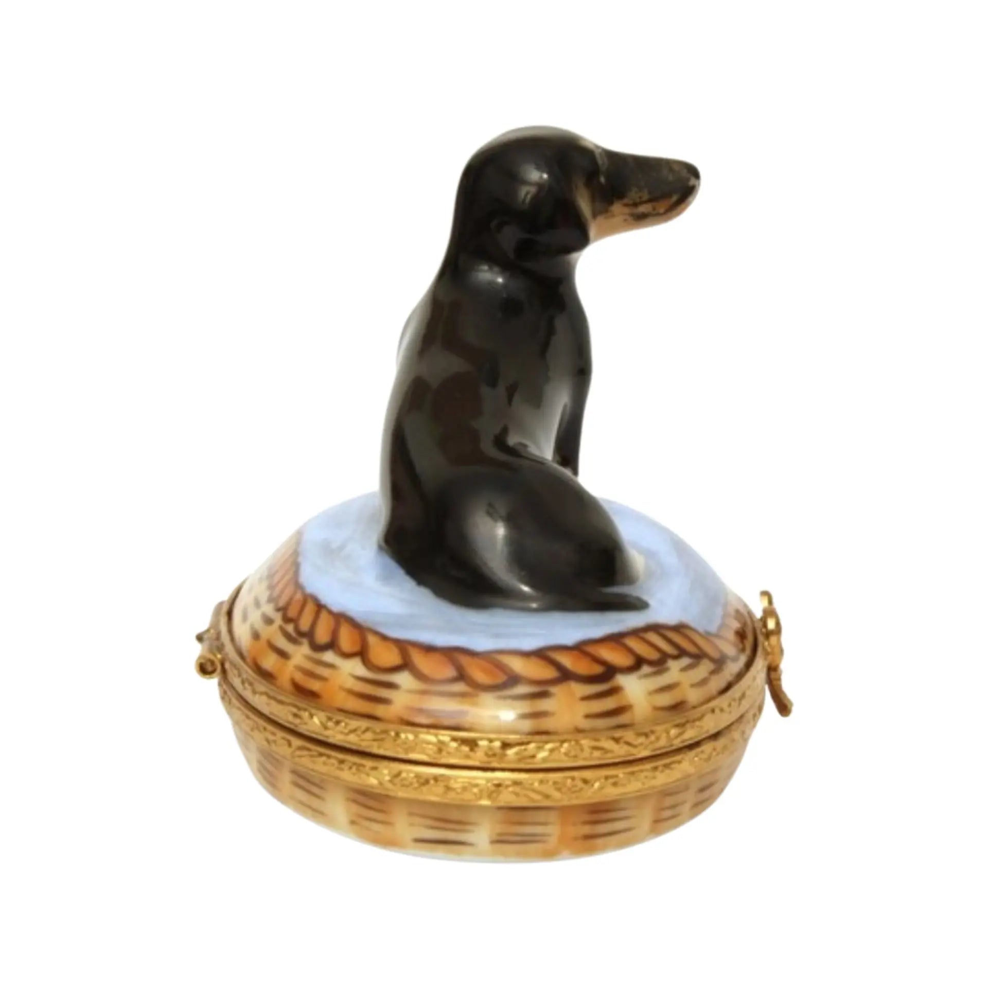 Dachshund In Basket: Black Dog Porcelain Limoges Dog French Trinket Box