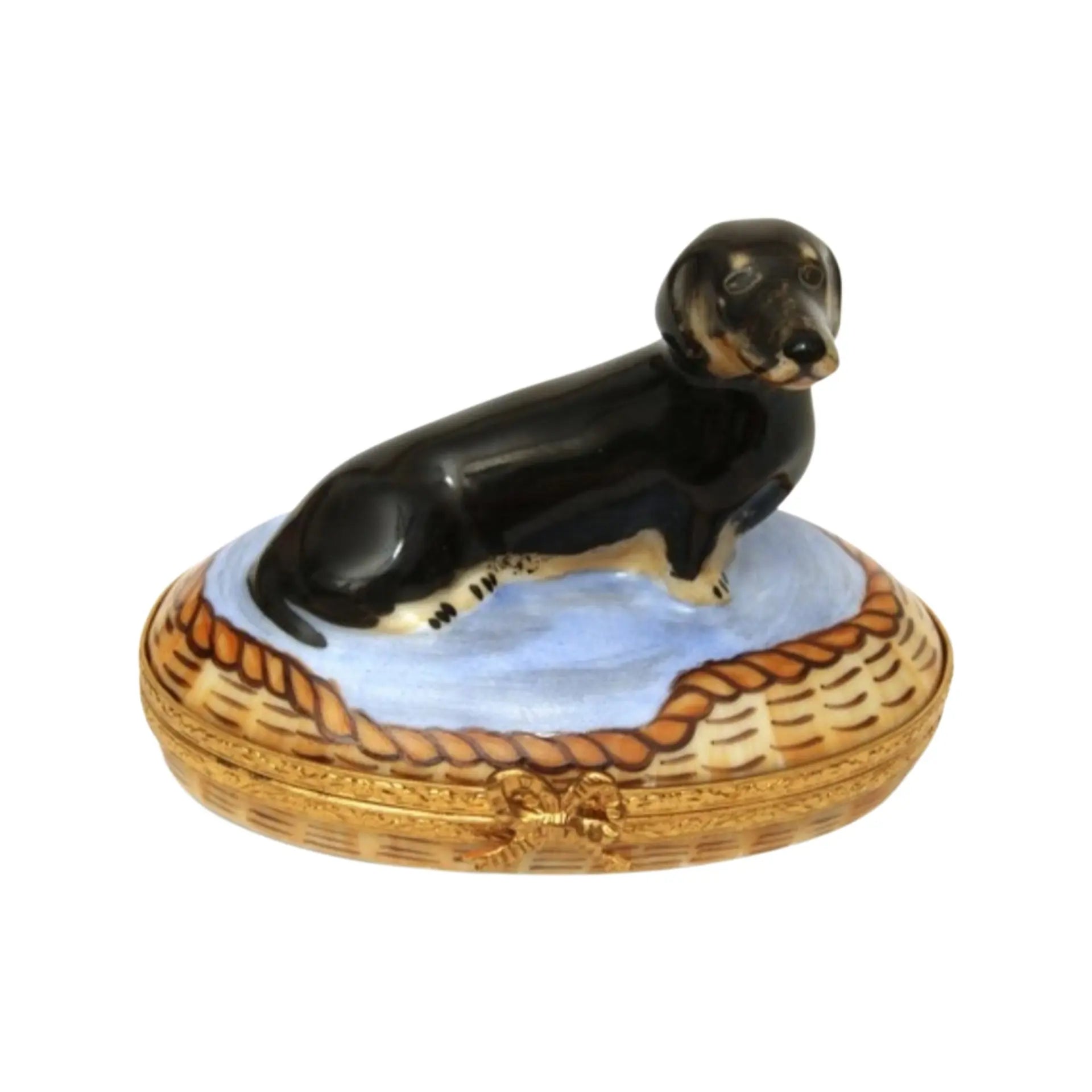 Dachshund In Basket: Black Dog Porcelain Limoges Dog French Trinket Box