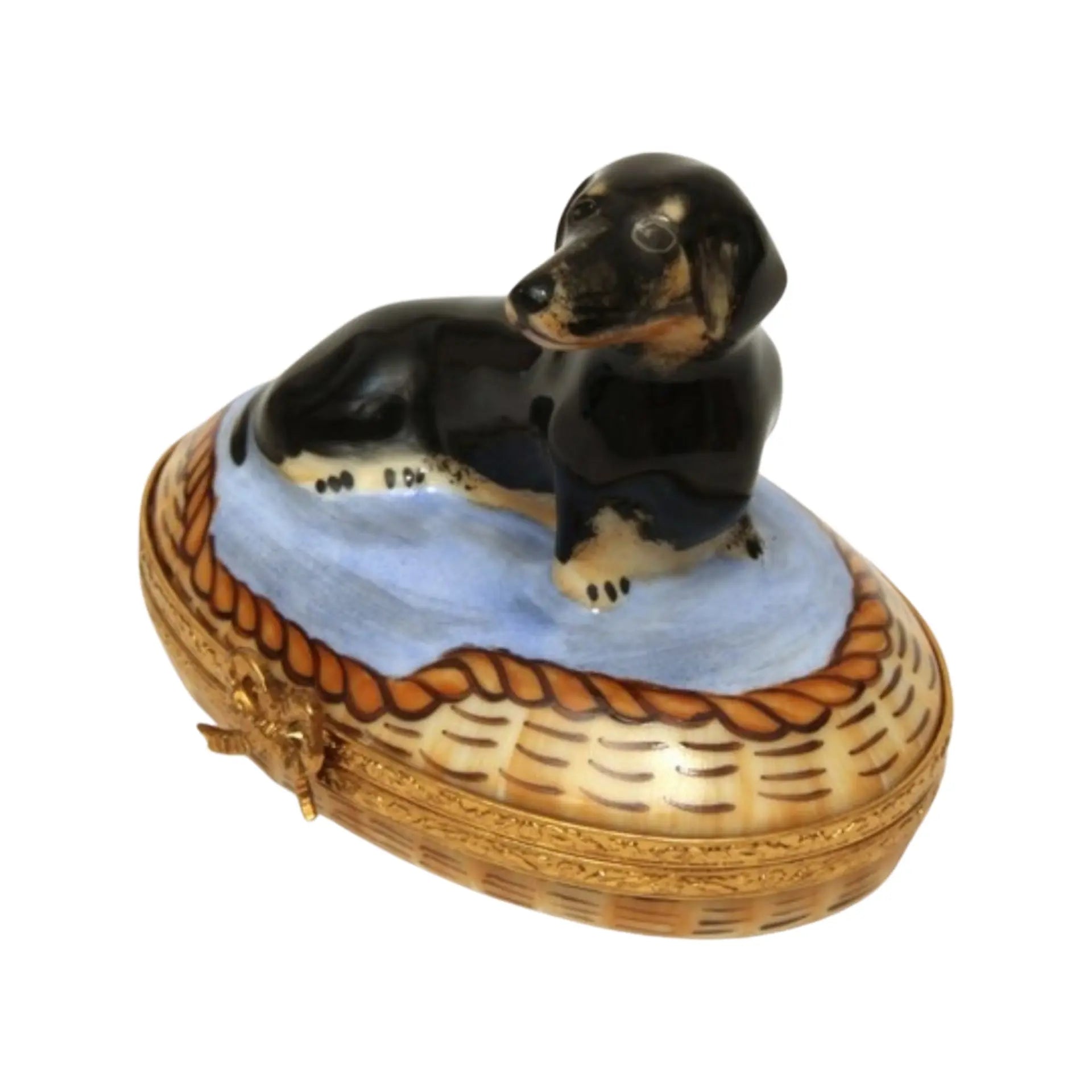 Dachshund In Basket: Black Dog Porcelain Limoges Dog French Trinket Box