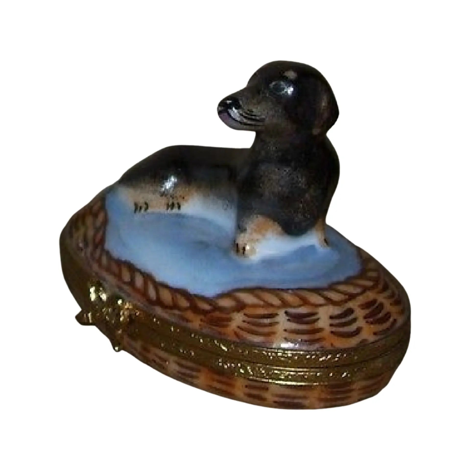 Dachshund In Basket: Black Dog Porcelain Limoges Dog French Trinket Box